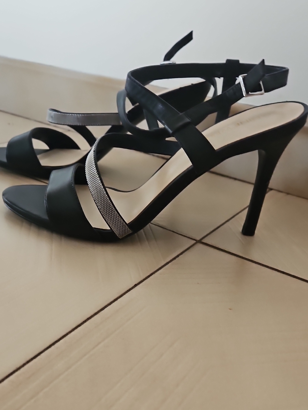 Nine West Black Strappy Heels with Silver Mesh Accent